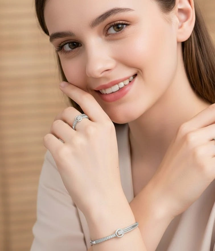 Circle Classic Bangle & Ring Set – Silver – crystal knot motif