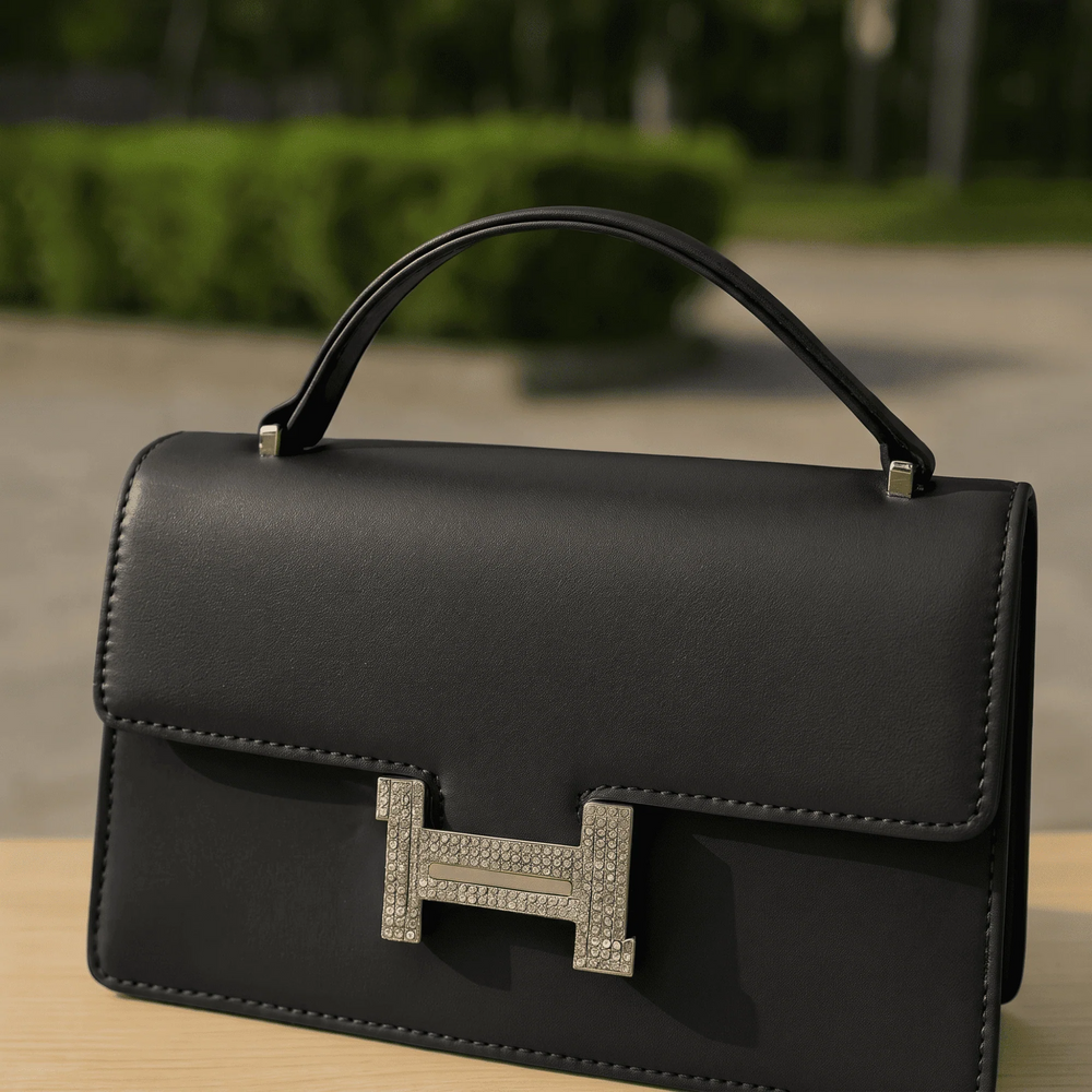 Elegant structured top-handle bag – Black – crystal clasp handbag