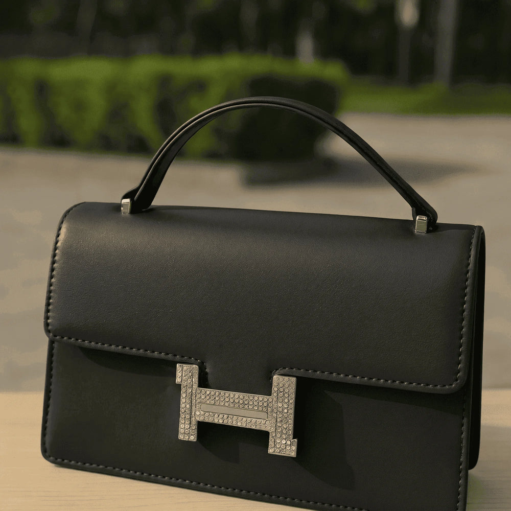 Elegant structured top-handle bag – Black – crystal clasp handbag