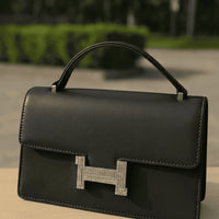Elegant structured top-handle bag – Black – crystal clasp handbag