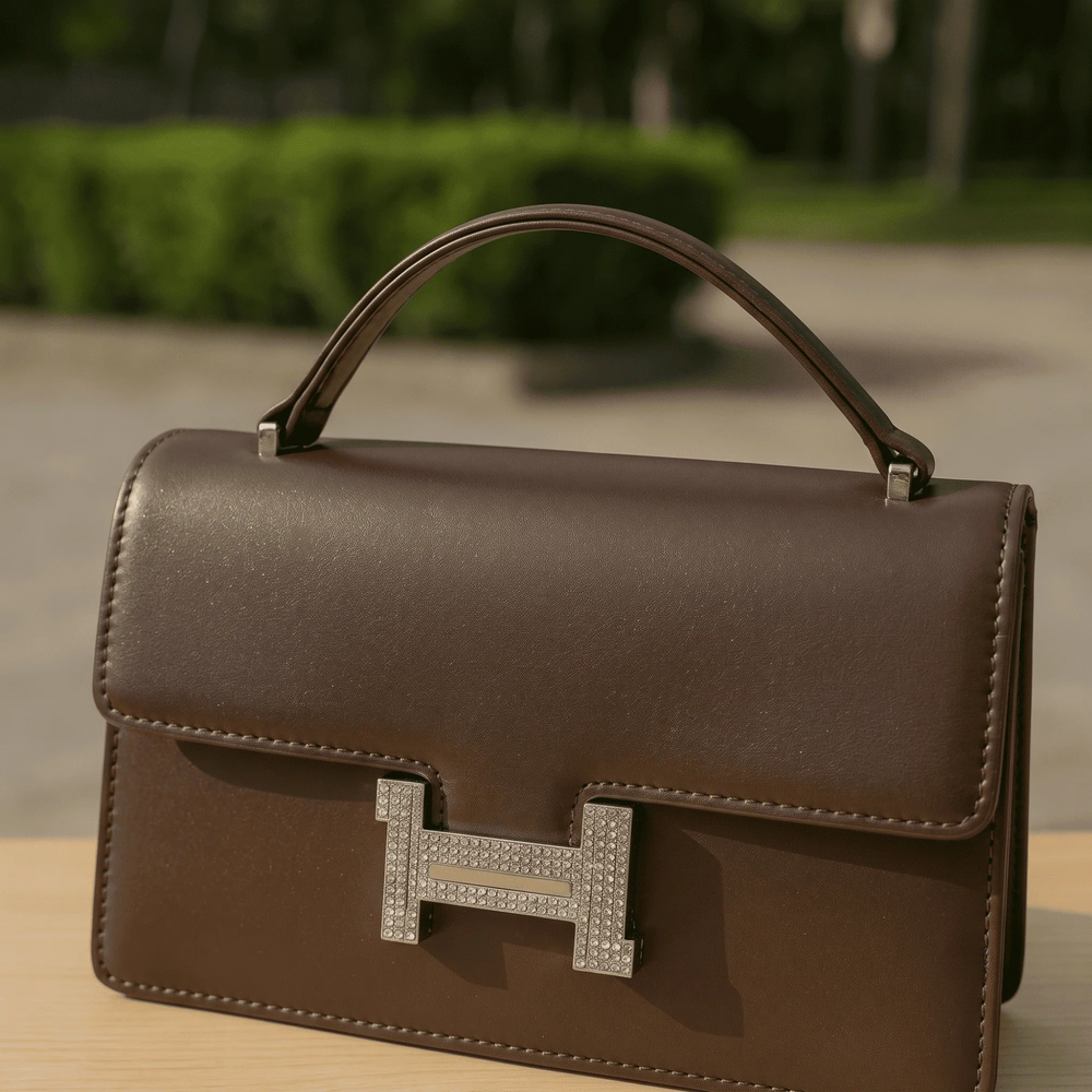 Elegant structured top-handle bag – Brown – crystal clasp handbag