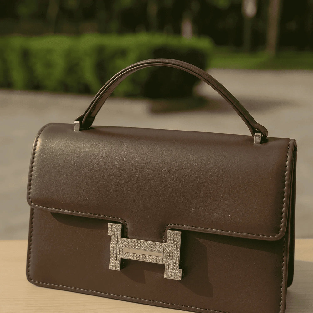 Elegant structured top-handle bag – Brown – crystal clasp handbag