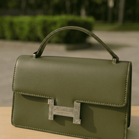 Elegant structured top-handle bag – Green – crystal clasp handbag