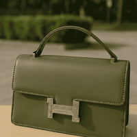 Elegant structured top-handle bag – Green – crystal clasp handbag