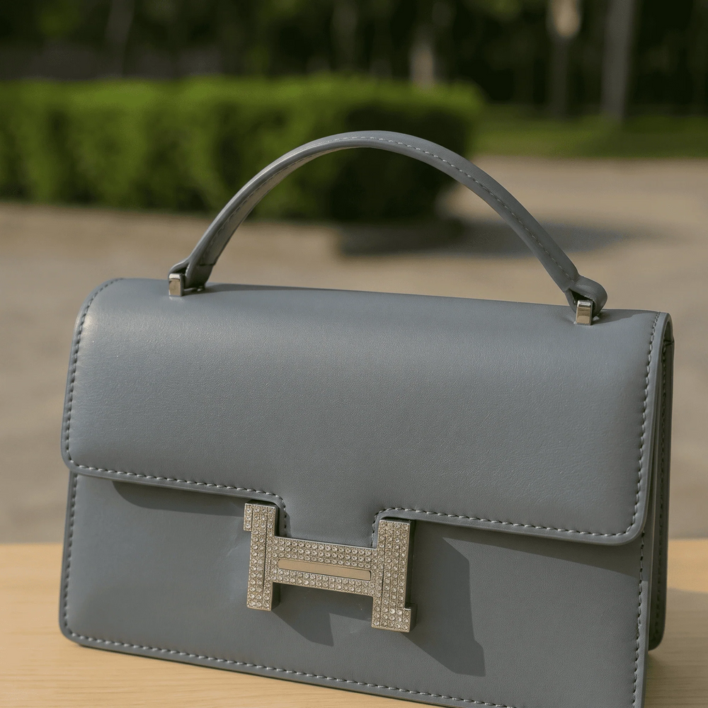 Elegant structured top-handle bag – Grey – crystal clasp handbag