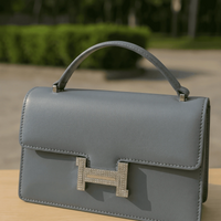 Elegant structured top-handle bag – Grey – crystal clasp handbag