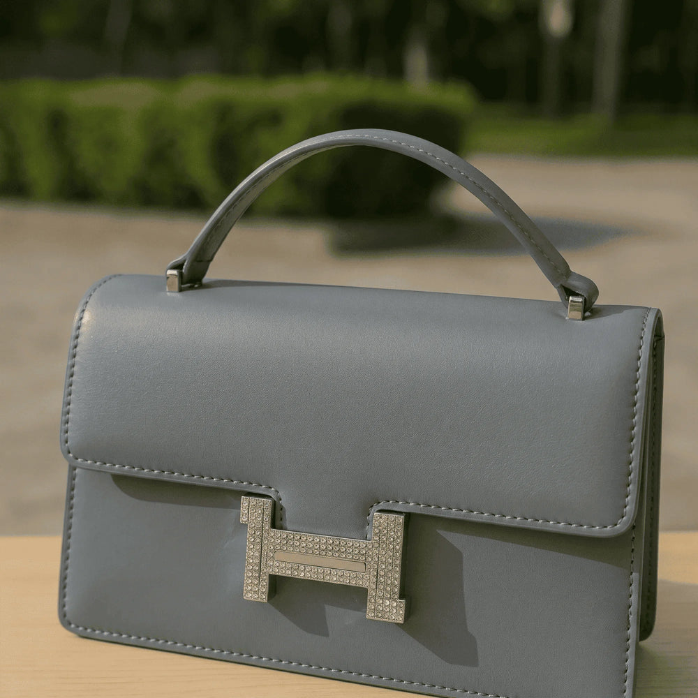 Elegant structured top-handle bag – Grey – crystal clasp handbag