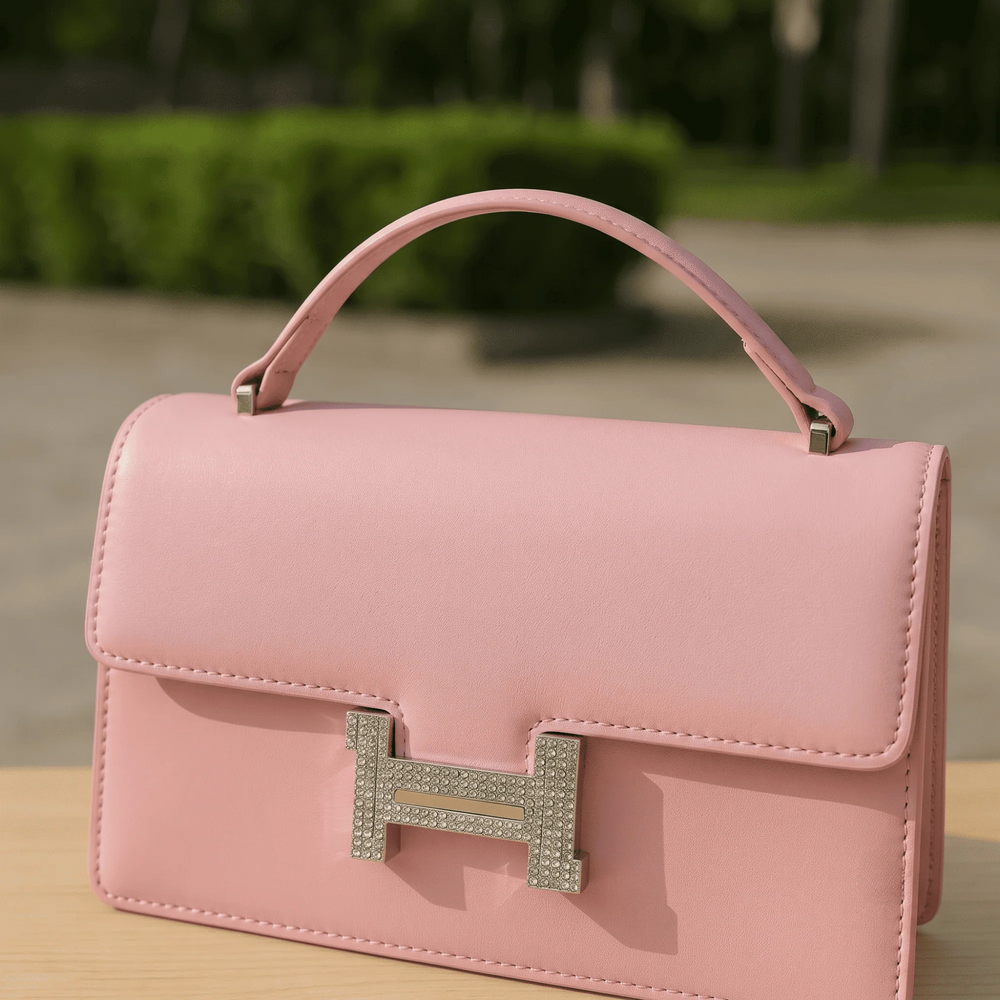 Elegant structured top-handle bag – Pink – crystal clasp handbag