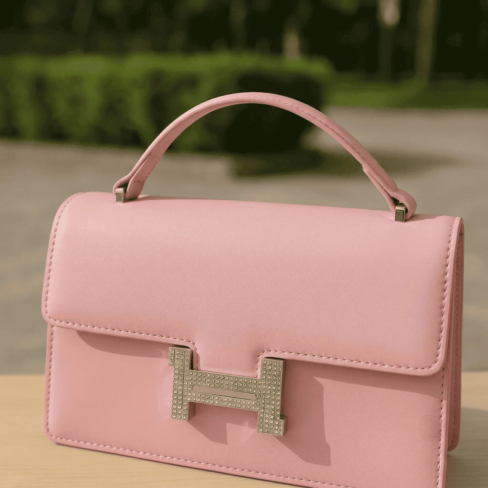 Elegant structured top-handle bag – Pink – crystal clasp handbag