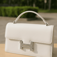 Elegant structured top-handle bag – White – crystal clasp handbag