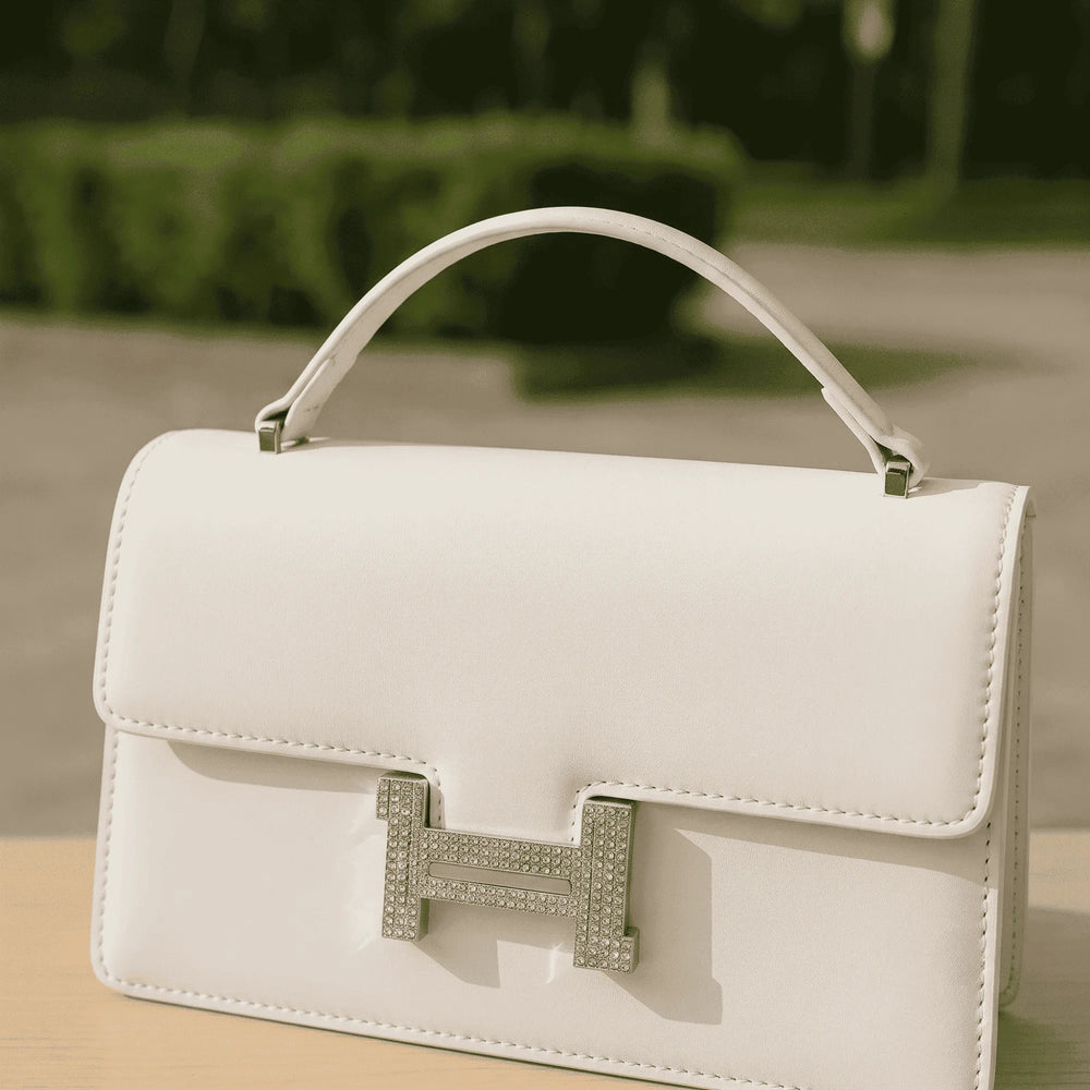 Elegant structured top-handle bag – White– crystal clasp handbag