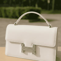 Elegant structured top-handle bag – White– crystal clasp handbag