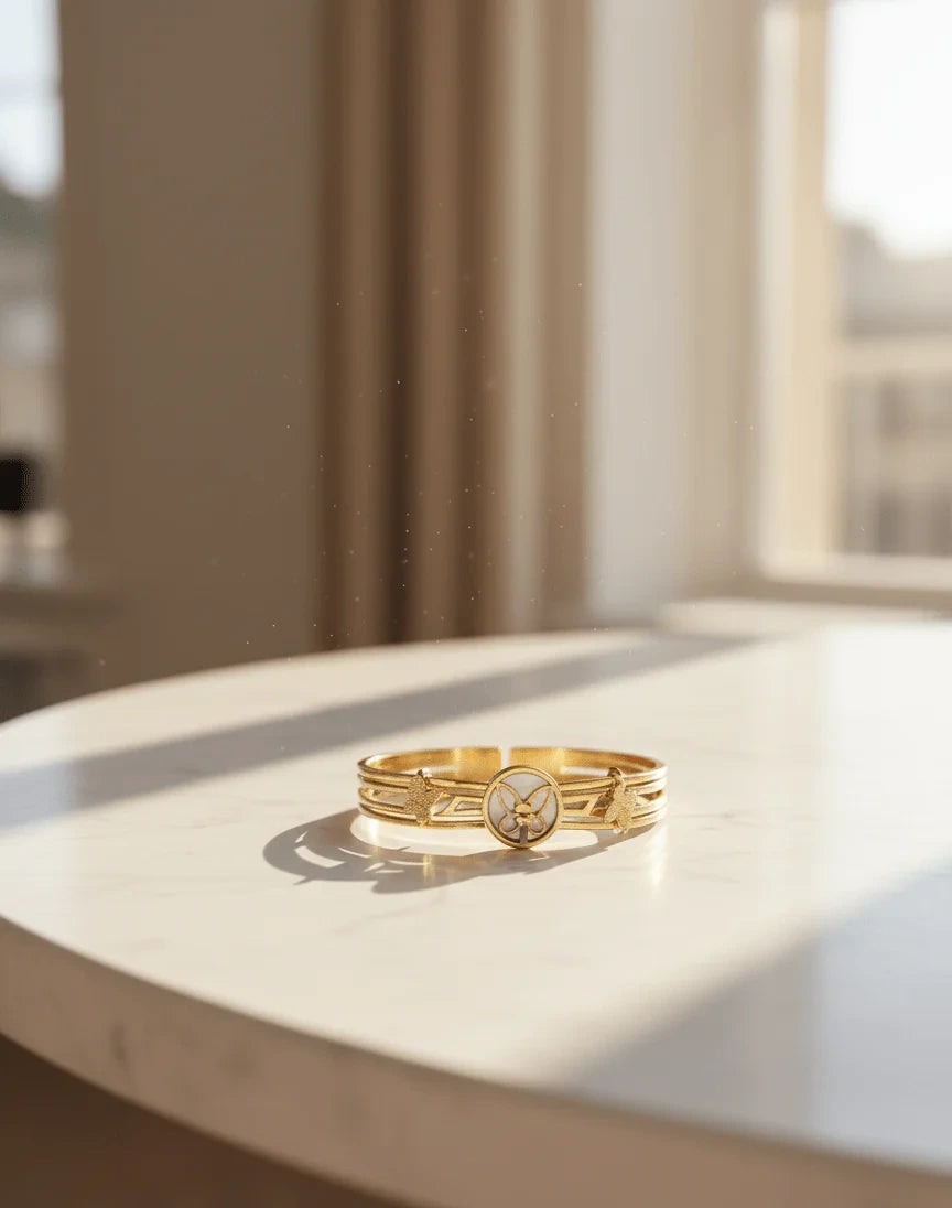 Royal Wing Butterfly Bangle – gold mother-of-pearl butterfly charm bracelet