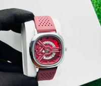 Analog men's wrist watch – red/silver- multi-layer dial with resin strap